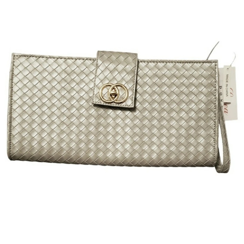 Linea Donna Gray And Gold Woven Vegan Leather Wristlet Clutch NWT